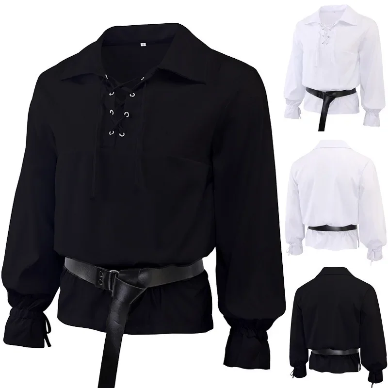 Camicia Vintage Medievale Uomo Vichinga Pirata – Lino, Maniche Lunghe, Lacci, Steampunk Rinascimentale