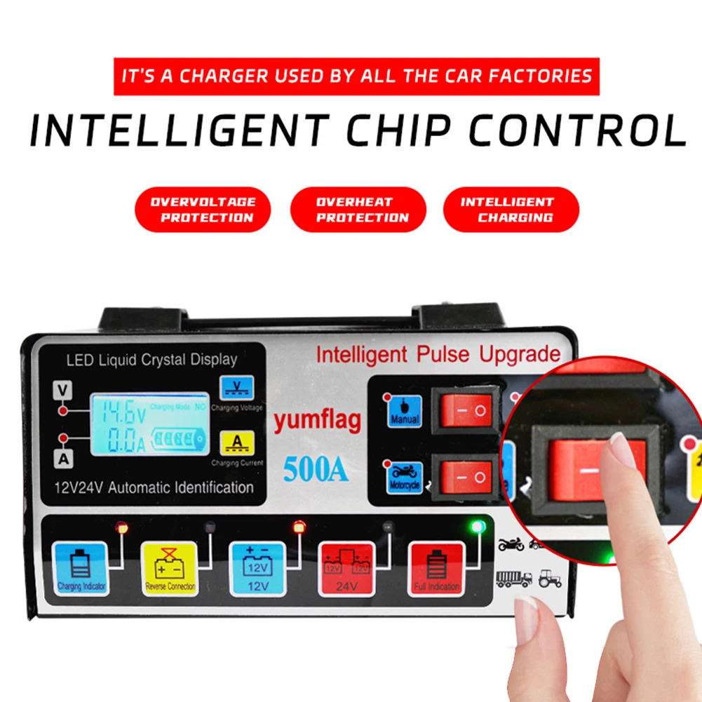 500A Electric Motorcycles Fast Charger 12V/24V Smart Charger LCD Display Moto Battery Charger for Lead-Acid AGM GEL EFB Battery