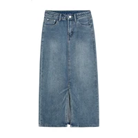 Summer Women High-waist Retro A- line Skirt Pockets Front Slit Washed Blue Denim Skirts Hip-covering Straight Long Jeans Skirt - Image 6