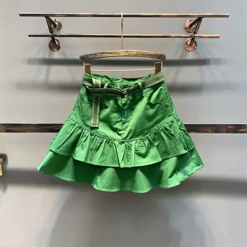 

Korean Fashion A Line Ruffles Mini Skirt Women Summer Cotton High Waist Elegant Short Skirt Female Daily Wear Casual Skirt Belt
