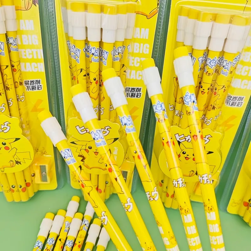 12pcs/box Pokemon Pencil Set with Eraser Pencil Sharpener Anime Figure School Supplies Office Stationery Tools Kawaii Gifts Toys