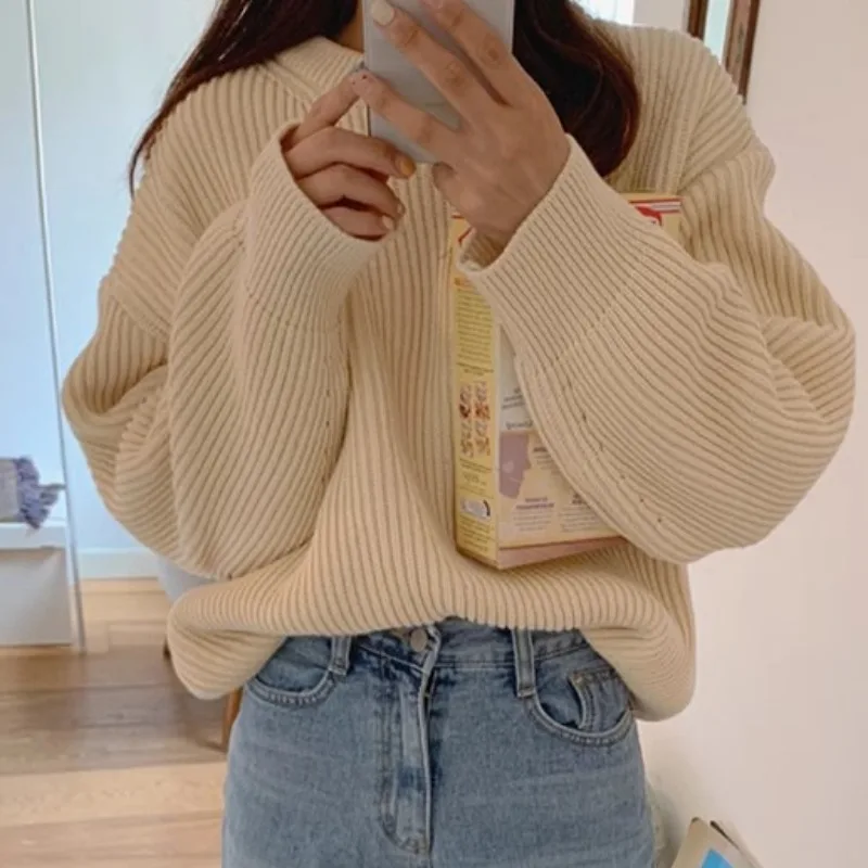 

Apricot Thicken Sweater Women Autumn Winter 2023 Loose O-neck Pullovers Female Korean Fashion Chic Blue Jumper Knitted Tops