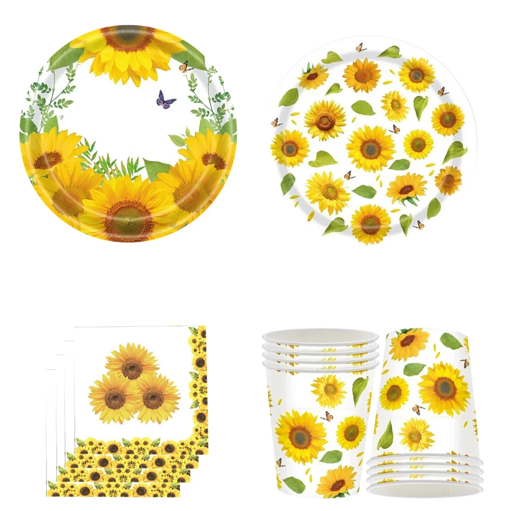 

8Guests Sunflower Theme Disposable Tableware Set Butterfly Sunflower Plate Napkin Kids Happy Sunflower Birthday Party Supplies