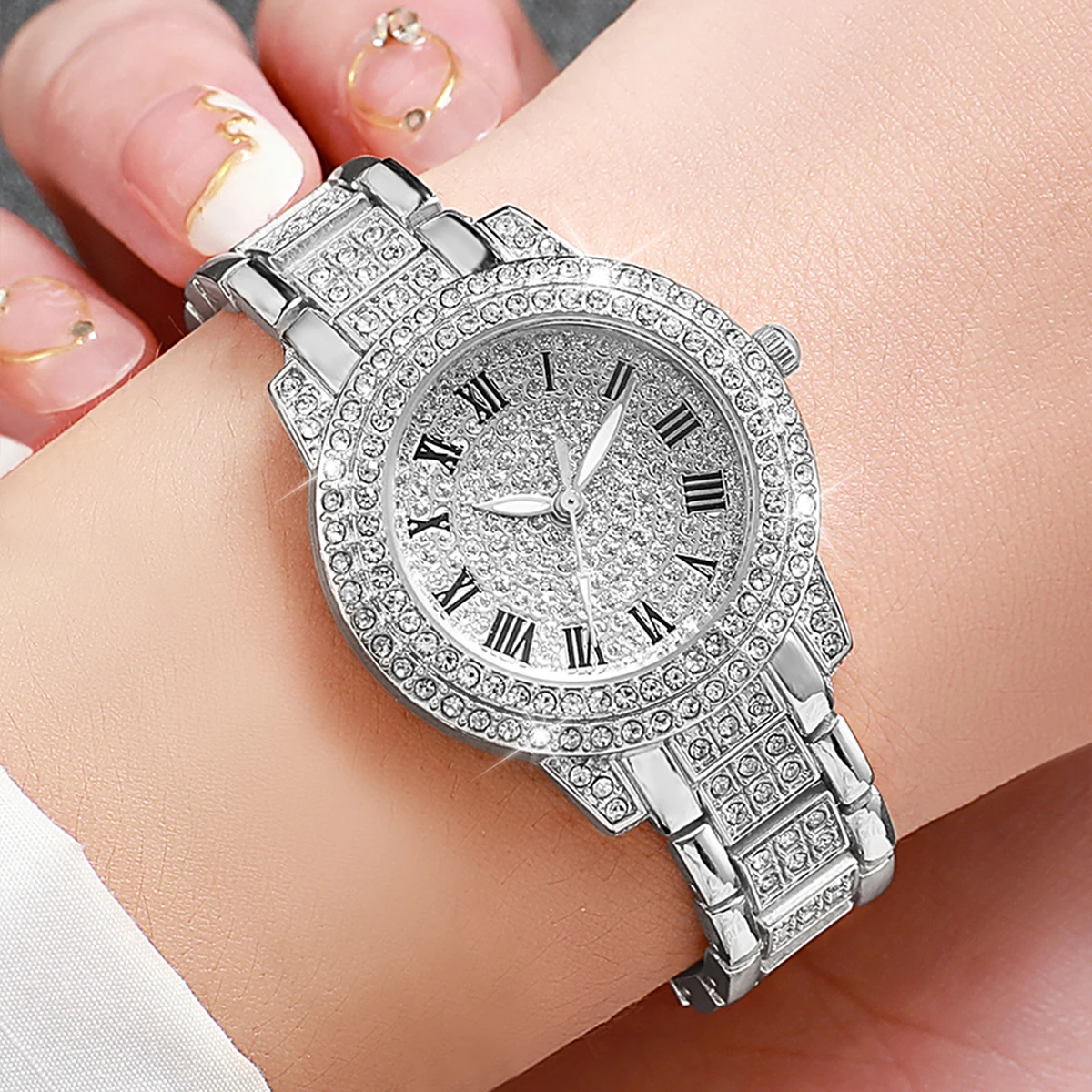 3pcs/set Women Luxury Stainless Steel Diamond Band Quartz Watch Set