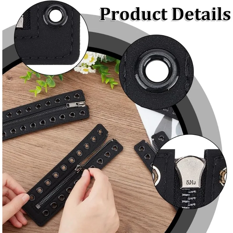 2 Pairs Leather Lace-in Boot Zipper Inserts 6.9 x 2 Inch Eyelets Zipper Boot Laces 10 Holes No Tie Shoe Laces for Adults Men