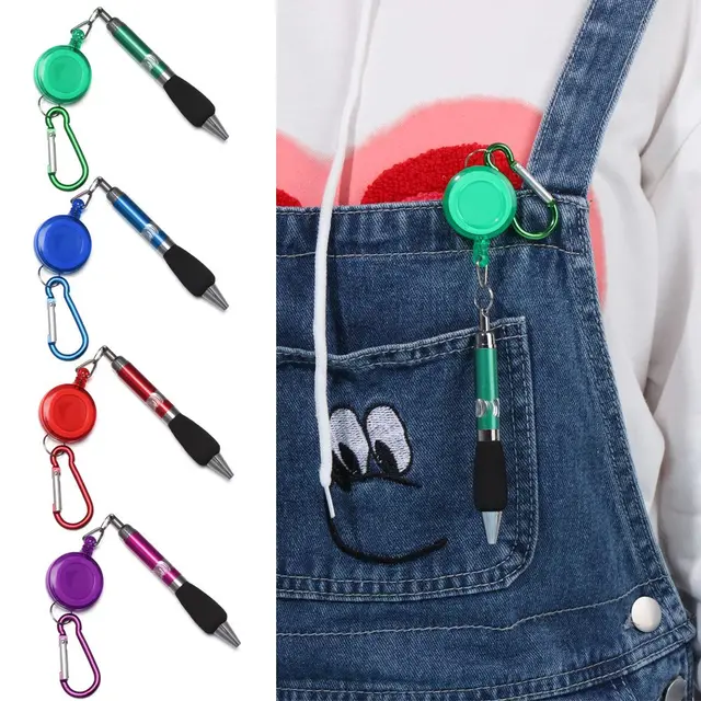 Buckle Metal Retractable Badge Reel BallPoint Pen With Rope Ring Anti-Lost  Pull-String Cable Pen Carabiner Creative Writing Tool