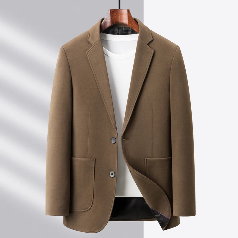 

2024 Spring Autumn Men Business Casual Blazers Sanded Fabric Suit Jackets Khaki Brown Black Outfits Simple Style Attire OOTD