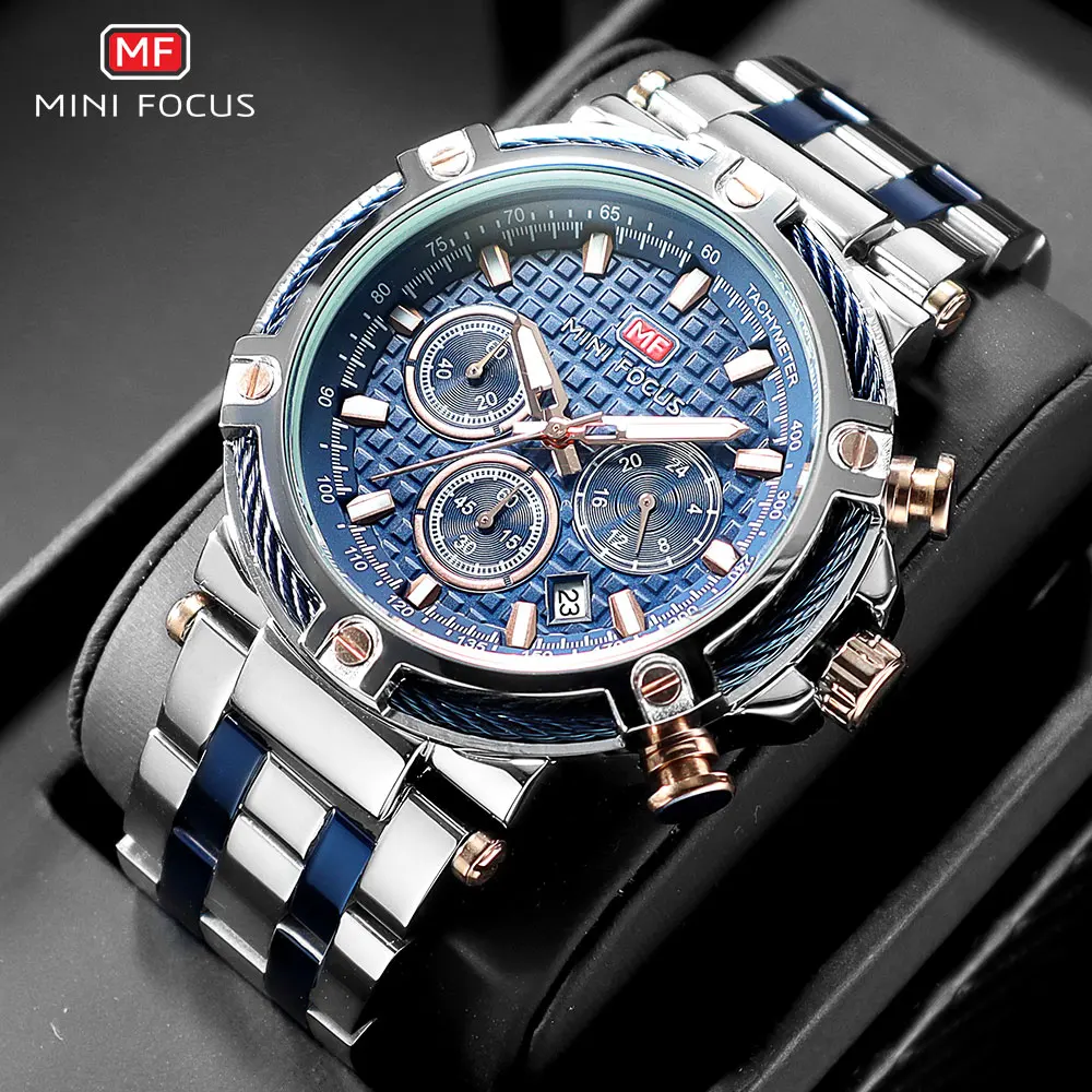 MINI FOCUS Analog Quartz Dress Watch Men Silver Blue Stainless Steel Band Chronograph Luminous Wristwatch with Date 24-hour 0470 mini focus analog quartz dress watch men silver blue stainless steel band chronograph luminous wristwatch with date 24 hour 0470