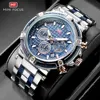 MINI FOCUS Analog Quartz Dress Watch Men Silver Blue Stainless Steel Band Chronograph Luminous Wristwatch with Date 24-hour 0470 1