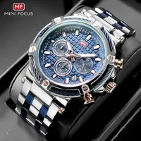 MINI FOCUS Analog Quartz Dress Watch Men Silver Blue Stainless Steel Band Chronograph Luminous Wristwatch with Date 24-hour 0470 1