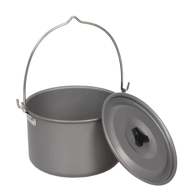 

4.2L Outdoor Camping Cooking Pot Large Capacity Non-Stick Aluminum Alloy Hanging Hook With Lid Picnic Hiking Cookware Tableware
