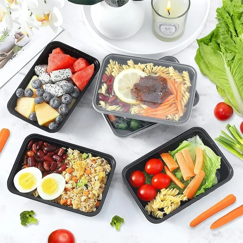 Disposable Food Containers 480/650/870ML Black Kitchen Fridge Storage Box with Lids Leakproof Lunch Box for Fruit Salad Sandwich