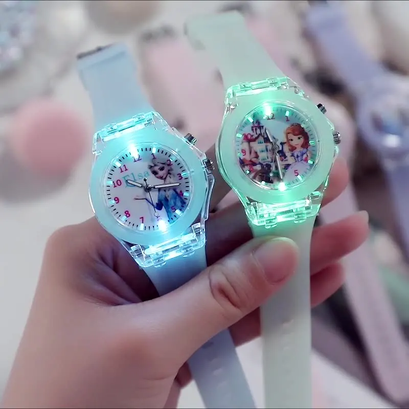 Disney Girls Kids Watches Children Watch Frozen Princess Aisha Sophia Luminous Student Colorful LED Light Women Lady Clock 3