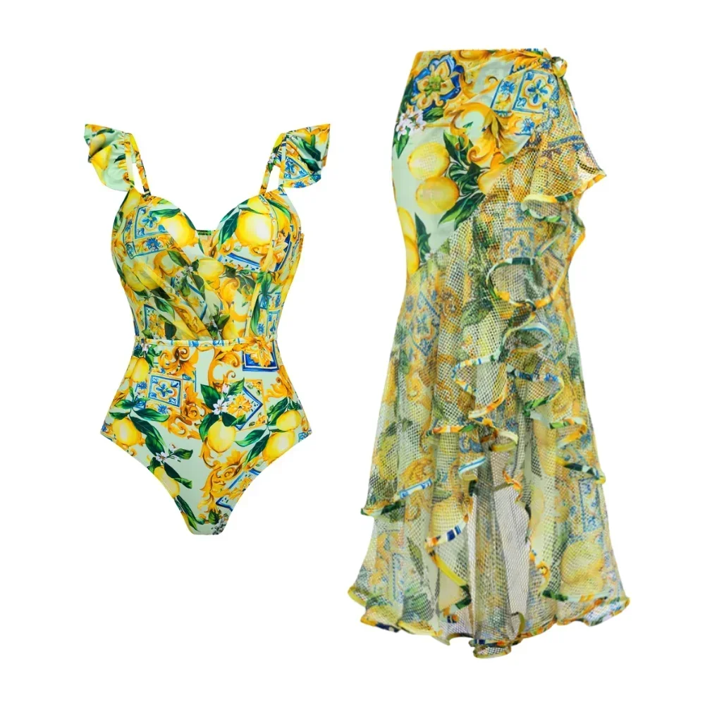 2023 New Lemon Print V Neck Push Up  One Piece Swimsuit and Skirt Summer Swimwear  Women  Beachwear Bathing Suit