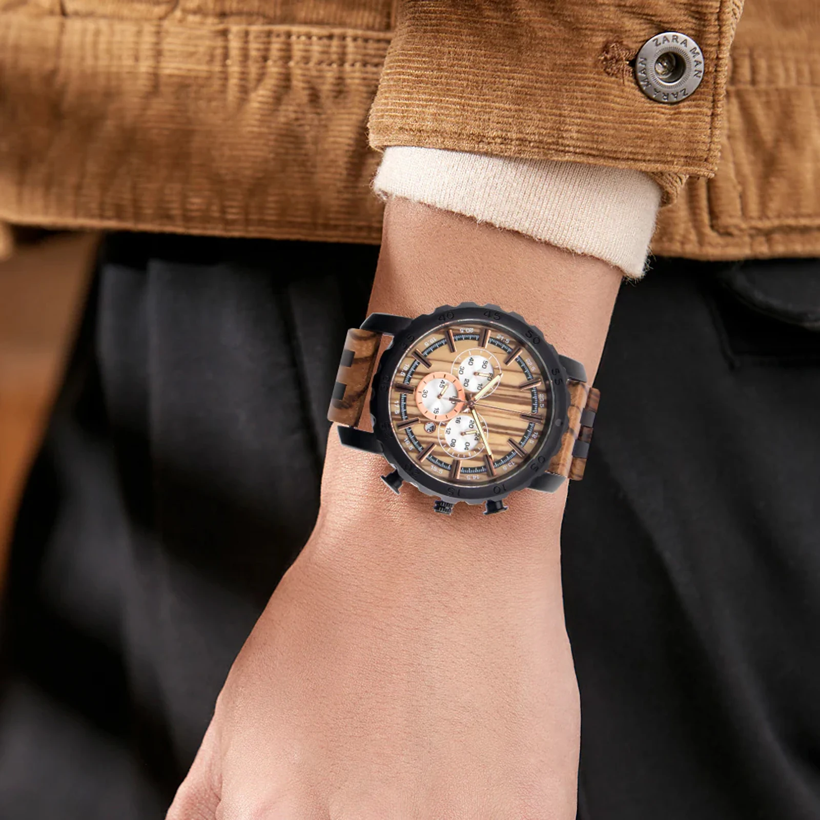 Men's watch wooden watch multifunctional quartz wristwatches small seconds, fashionable large dial display calendar watch