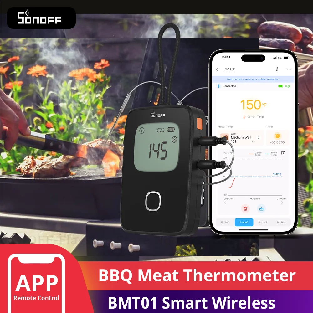 SONOFF BMT01 BBQ Meat Thermometer Wireless Smart Grilling Tool Cooking Temperature Alerts Timer Reminder Temp Chart eWeLink APP Smart Thermometer