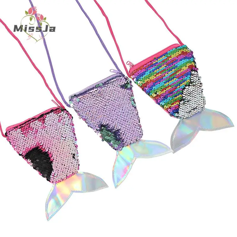 For Kids Gifts Girls Mermaid Tail Sequins Coin Purse Crossbody Bags Sling Money Change Card Holder Wallet Purse Bag Pouch