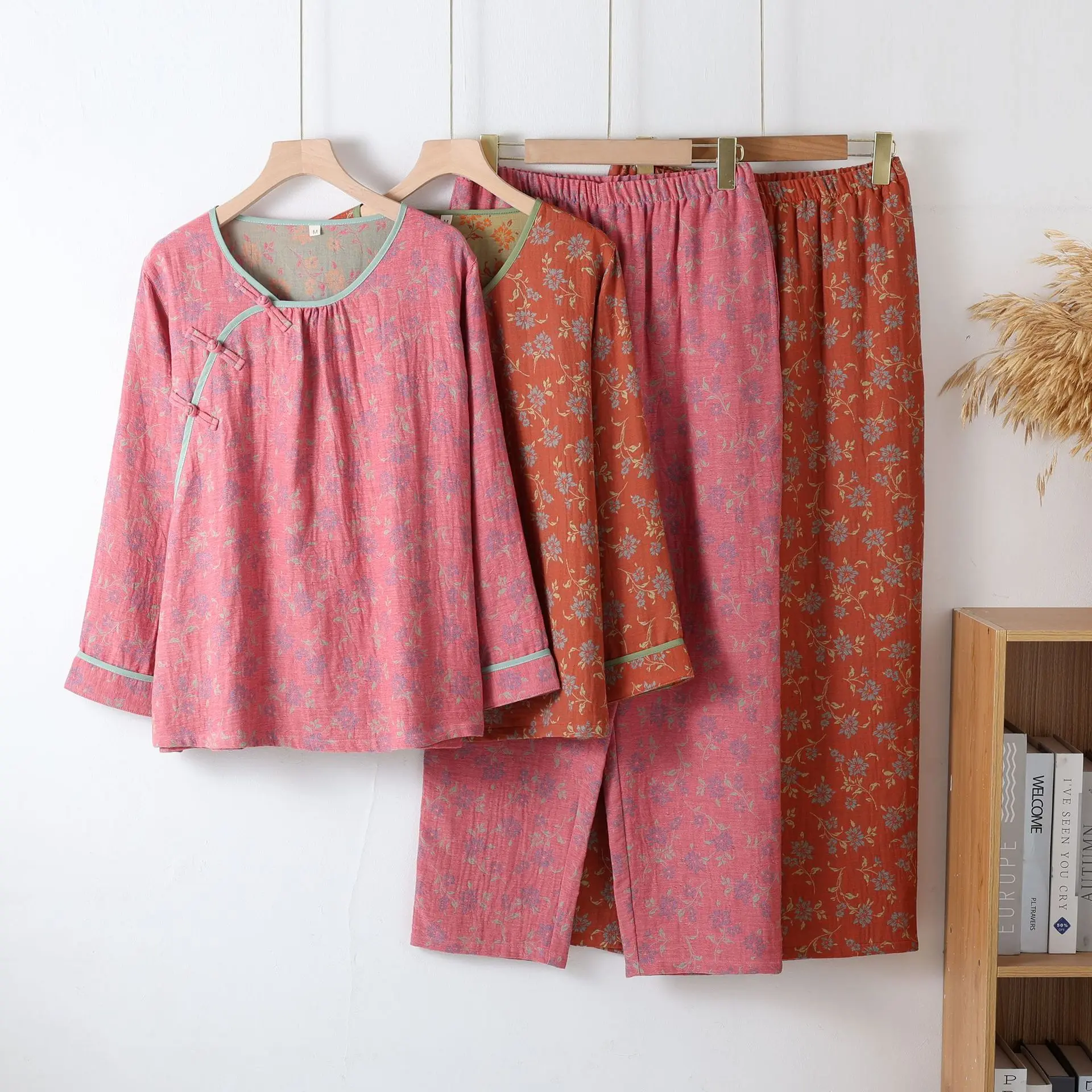 Chinese-style Color-woven Jacquard Pajamas Cotton Double-layer Gauze Pijamas Women Long-sleeved National Style Loungewear Set_ecoleips.com