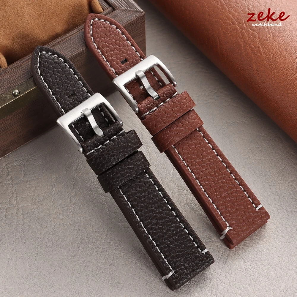 Luxury Lychee Pattern Leather Watch Band - Brown Bracelet with Elegant Stitching
