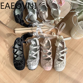 용수철 여성용 발레 플랫, 우아한 라운드 토 크로스 스트랩 슈즈, 편안한 스트리트 스타일, 소프트 솔 발레리나 슈즈, 패션
