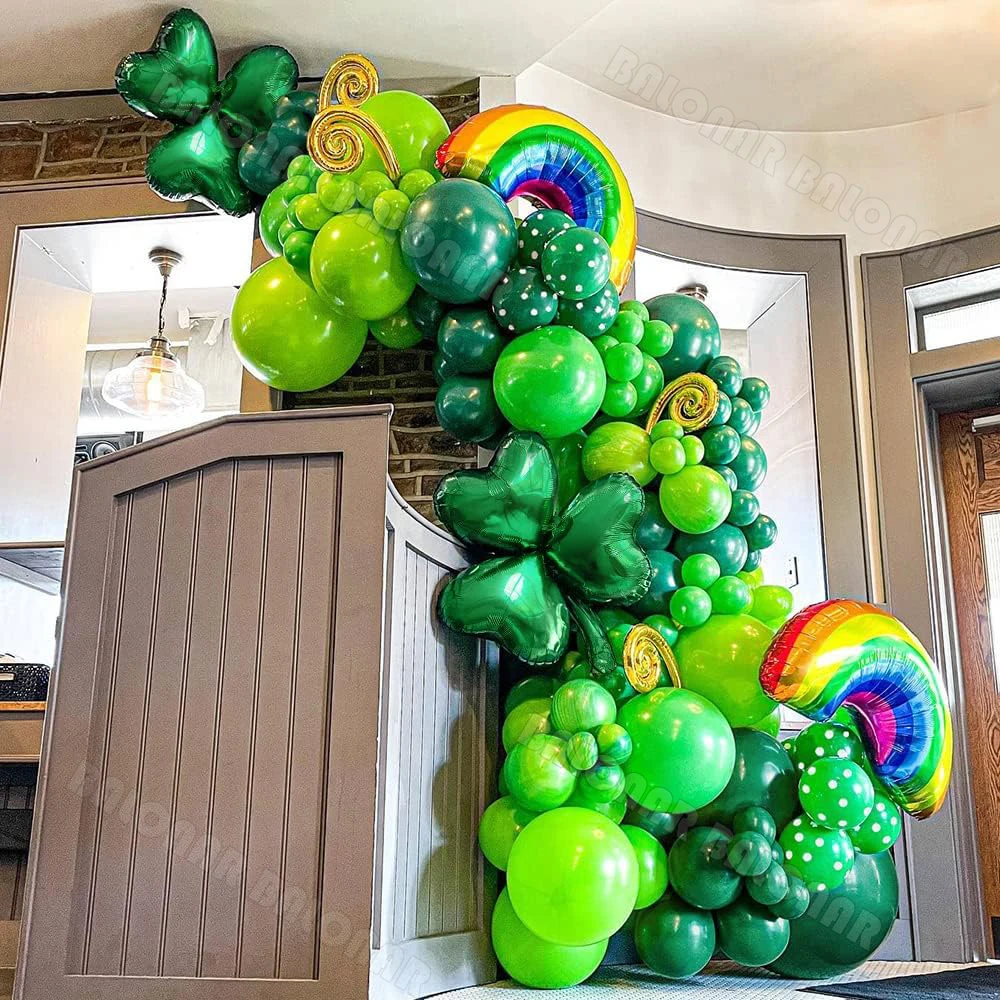 

128pcs Green Balloon Arch Garland Kit with Lucky Shamrock Clover Rainbow Foil Balloons for St. Patrick's Day Party Spring March