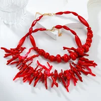 New 2pcs Set Vintage Red Coral Necklace for Women Boho Style Statement Retro Indian Jewelry Choker Necklaces Holiday Party Gifts 1
