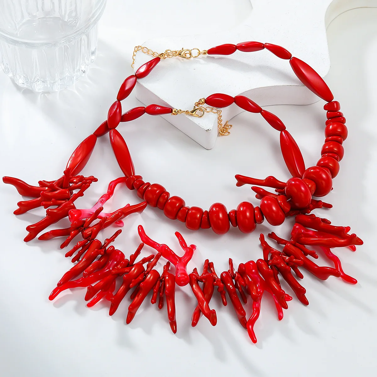 Ocean Style Coral Hollow Necklace, Bracelet, Ring Set,New Fashion Jewelry Adjustable Elastic Bracelet Accessories Unique Gift 6
