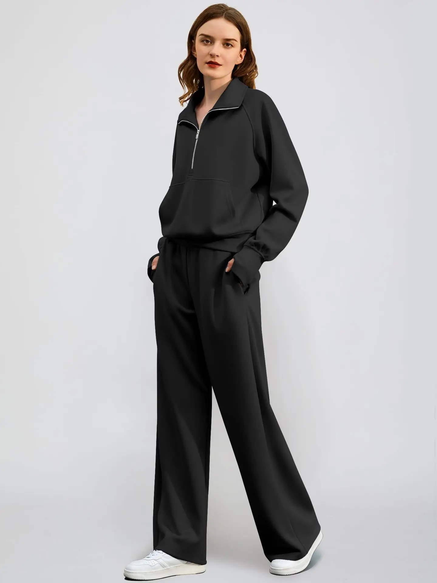 Woman Solid Color Half Zip Long Sleeve Sweatshirt and Wide Leg Pants Set Casual Sporty Two Piece Outfit 3