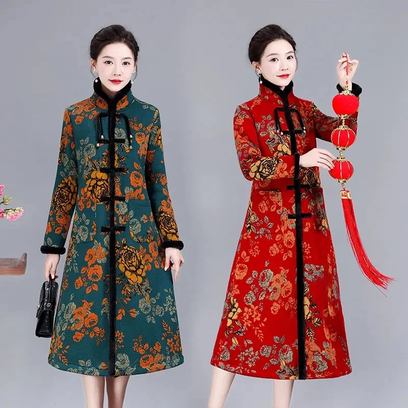 2023 Autumn Winter Wear Plush Thickened Warm Windbreaker Coat for Middle aged Mom Chinese Style Standing Collar Long Cotton Coat