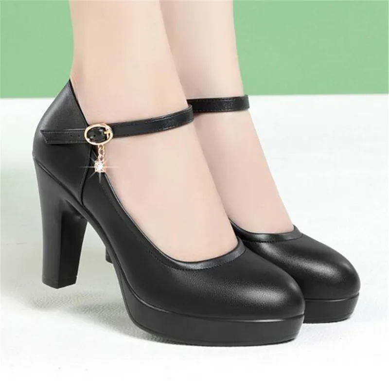 Genuine Leather Shoes Women Round Toe Platform Pumps Sapato Feminino High Heels Fashion Ladies Black Work Shoes Plus Size 34-42