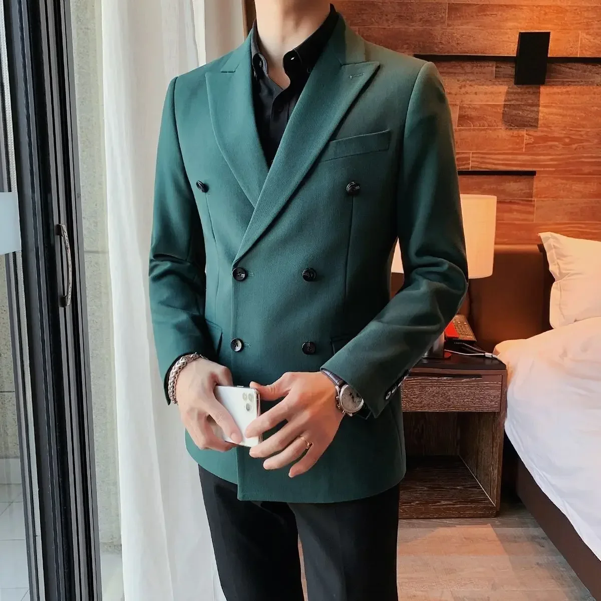 thumbnail image 1 of Chaqueta para hombre, chaquetas de vestir, abrigos, doble botonadura, trajes y blazers negros para hombre de negocios, ropa sencilla y nueva en estilo coreano 2024, 1 of 5