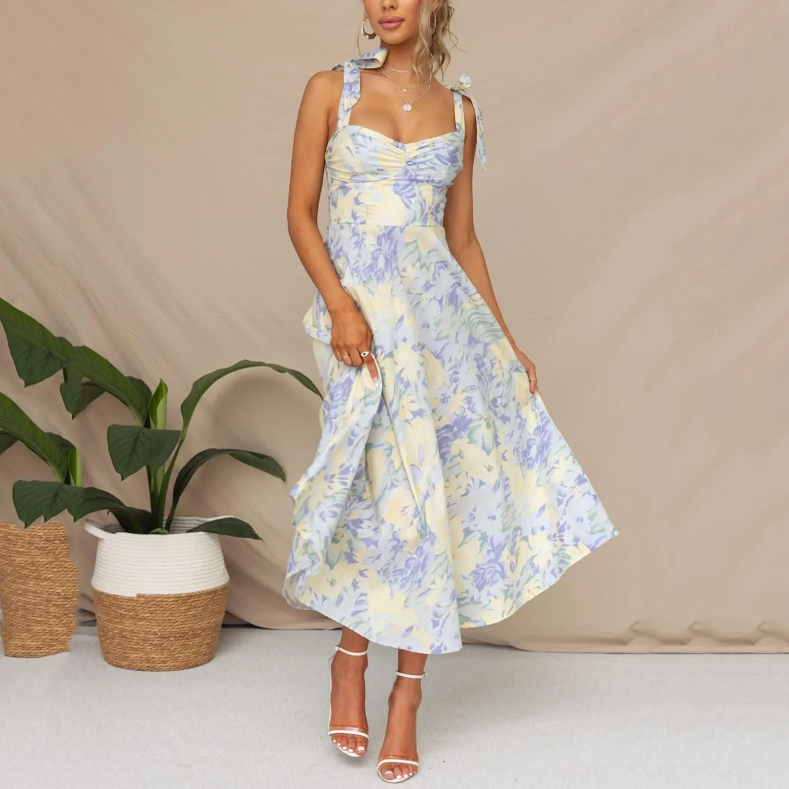 

Summer Bohemian Floral Dress Women Loose Square Neck Shoudler Tie Long Maxi Beach Swing Dresses Holiday Party Sundress Vestidos