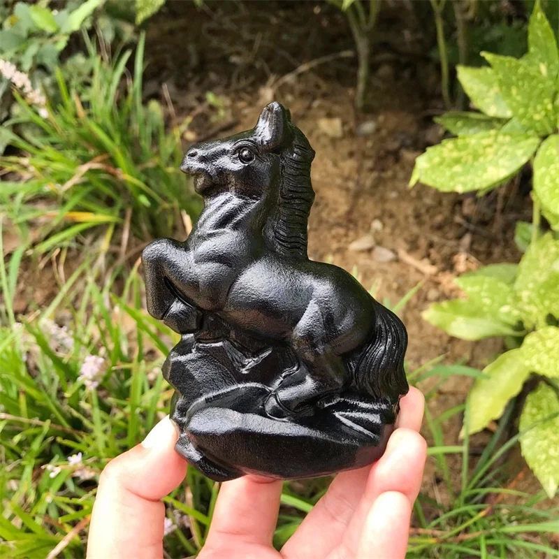 

Натуральный черный обсидиан, 10 см, резьба по лошади, лечебный полированный драгоценный камень, ремесла для украшения дома, праздничный подарок, 1 шт.