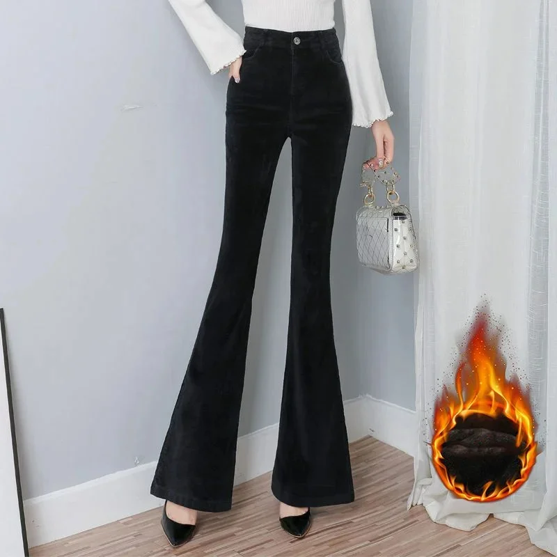 Korean Solid High Waist Corduroy Flare Pants Women Autumn Winter Fashion Slim Versatile Fleece Casual Straight Trousers 2023