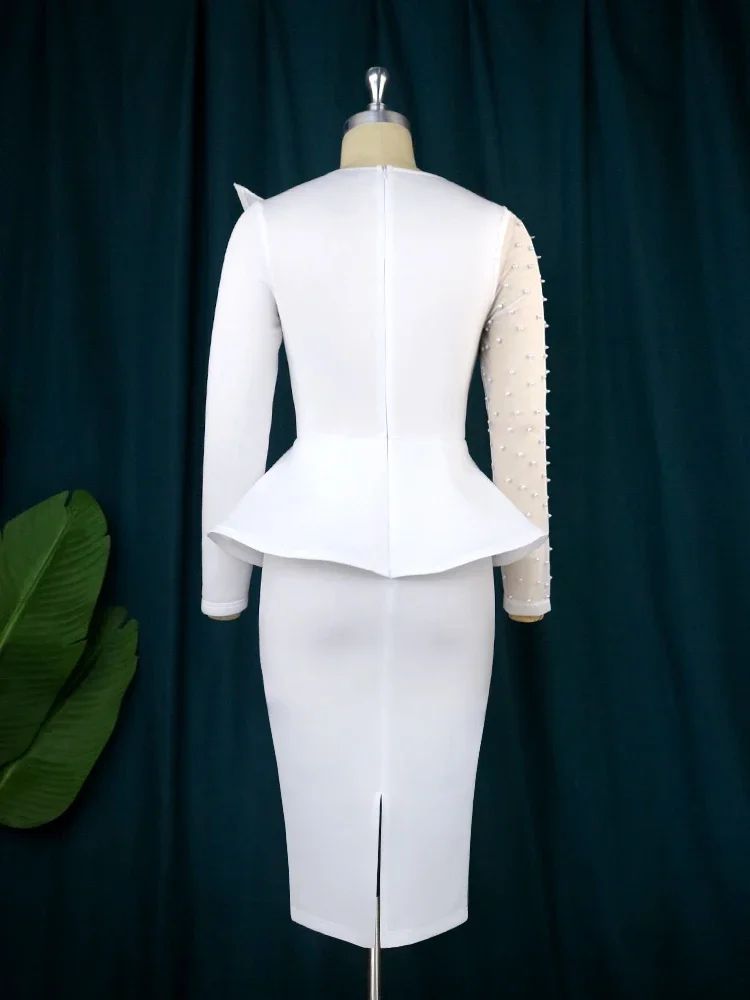 Fleepmart Bodycon Dress Solid Color O-Neck Beaded Long Sleeve High Waist Peplum Womens Queue Cocktail Venue Evening Dress 2024 New