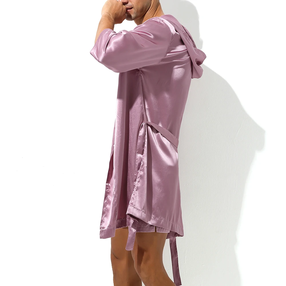 Men Sexy Pajamas Sleepwear Silk Pijama Hombre Hooded Bathrobe Men Bath 5 Color Set Summer Dress Bath Robe With Shorts Underpants men's cotton pajama pants with pockets