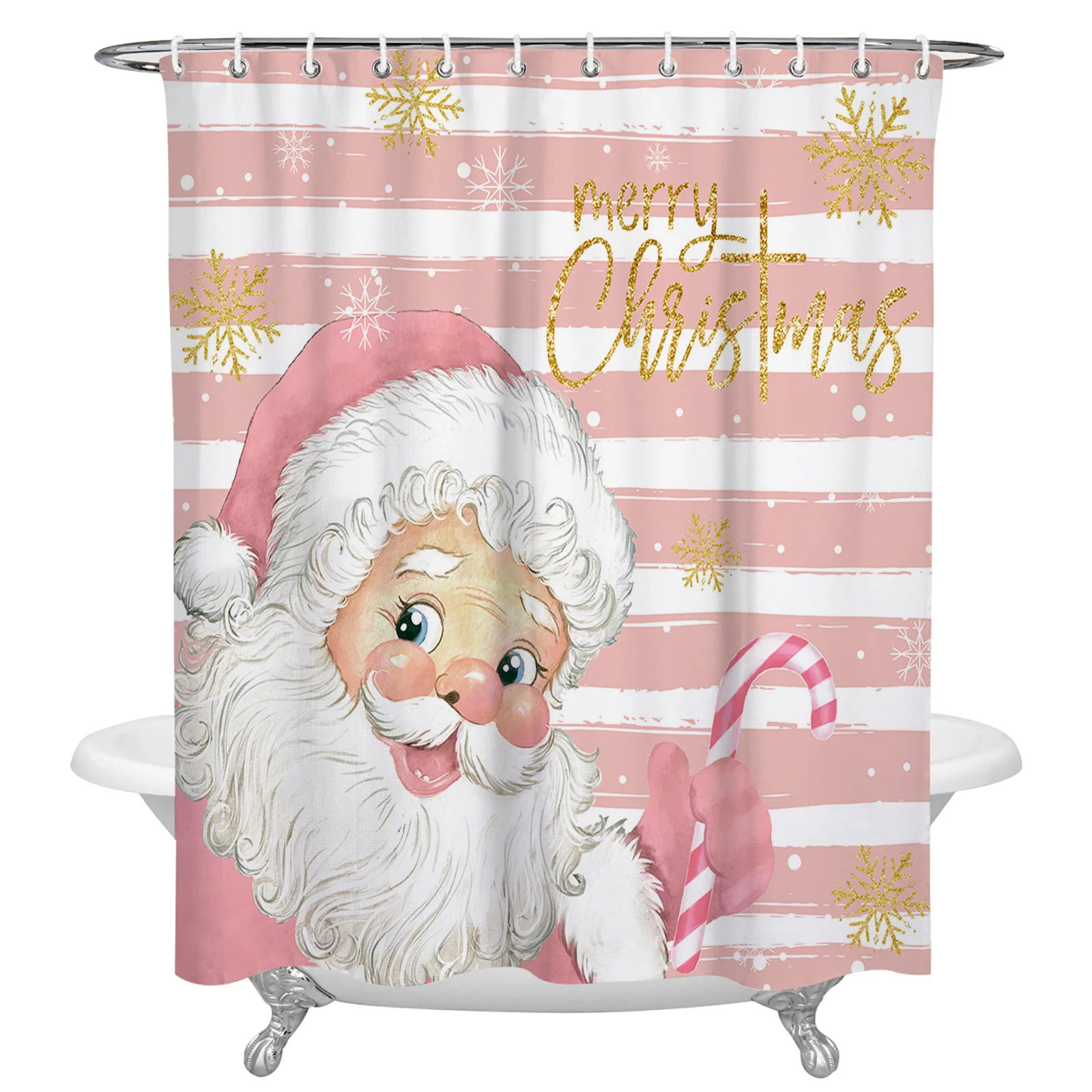 

Christmas Santa Claus Snowflakes Pink Stripes Shower Curtains Waterproof Bath Curtains Home Decor Modern Luxury Bathroom Curtain