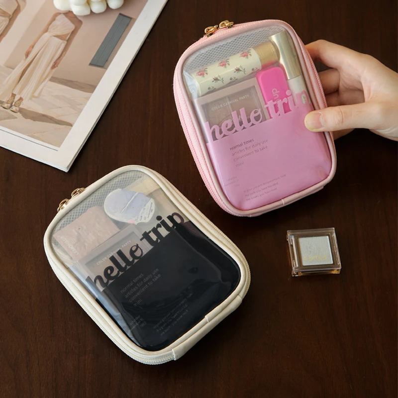 Mini Clear Travel Makeup Organizer Bag Small Cute Preppy Makeup Bag Cosmetic Zipper Toiletry Storage Clutch Coin Pouch for Women