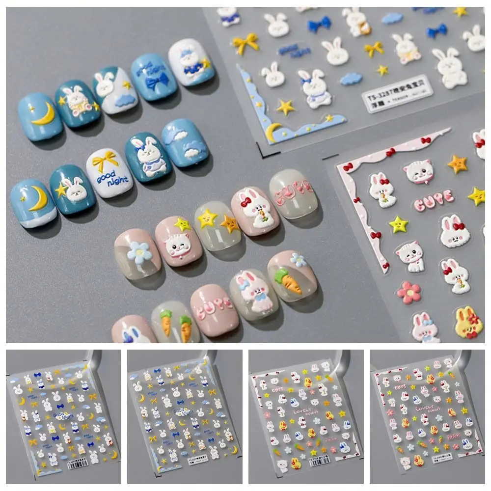 

Kawaii Rabbit Nail Stickers Star Moon Pattern Nail Art Decorations Cartoon Relief Rabbit Nail Decals Bowknot Nail Charms