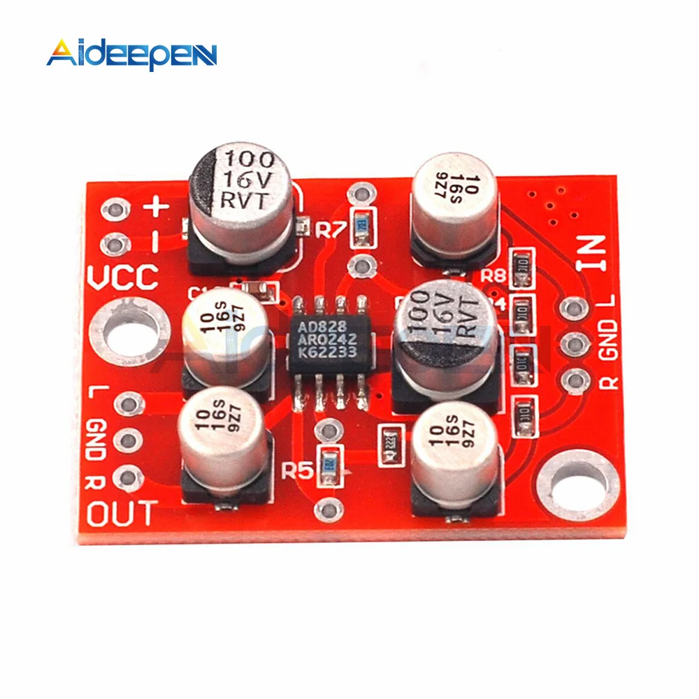 

DC 3,7 V-15V AD828 Стерео предусилитель мощности, Плата усилителя мощности, Звук Модуль предусилителя 5V 12V, один источник питания