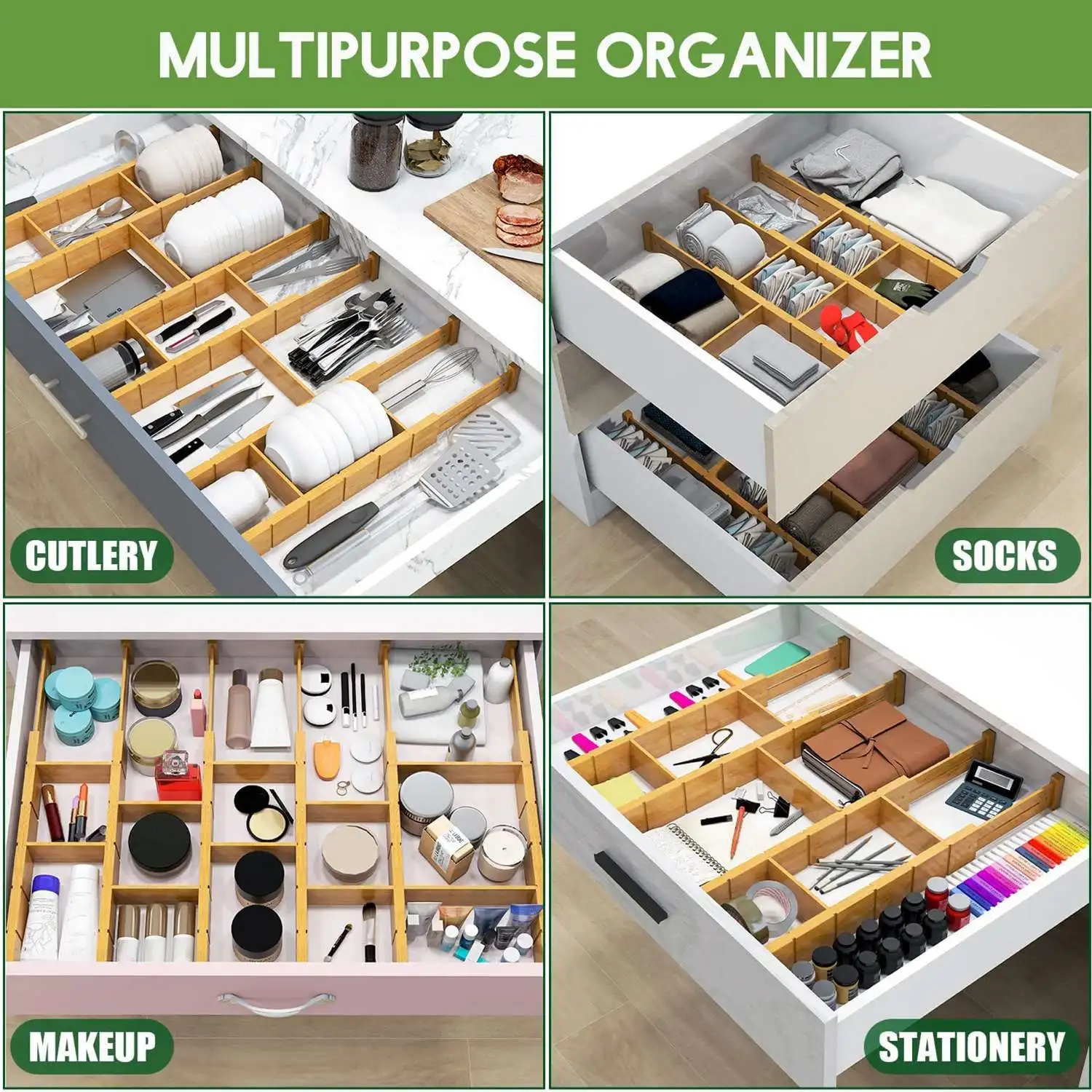 6x Bamboo Drawer Dividers with 12 Inserts,16.3-22Inches,Expandable Kitchen Drawer Organizer,Adjustable Drawer Separators