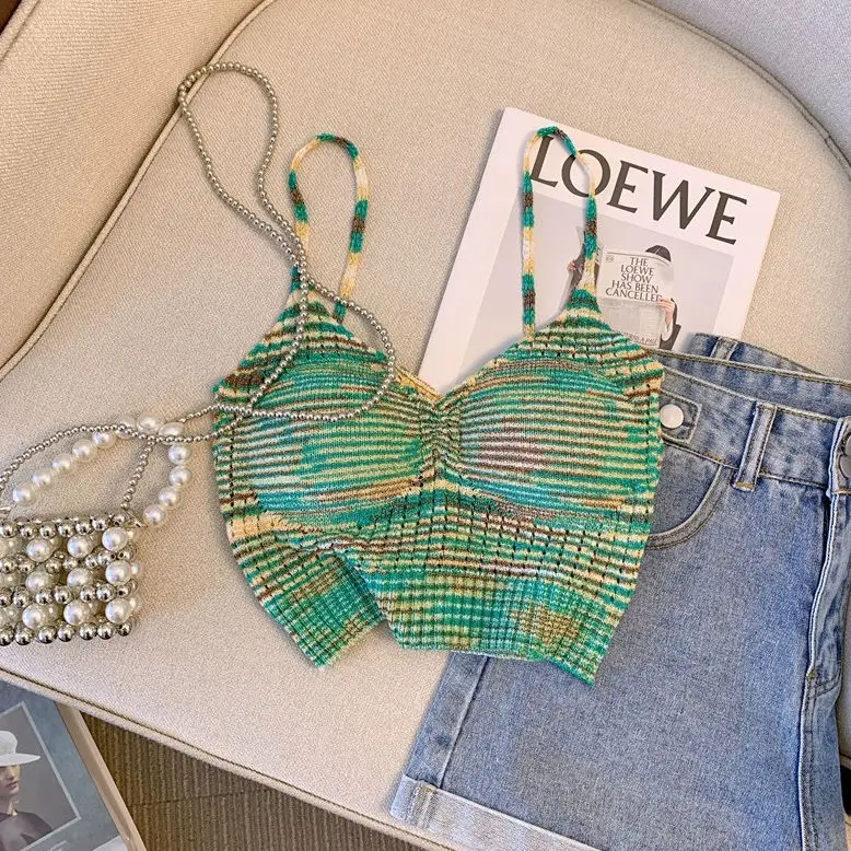 Colorful Striped Camisole Knit Vest Women\'s Summer 2023 New Sweet and Spicy Sexy Sleeveless Tank Top