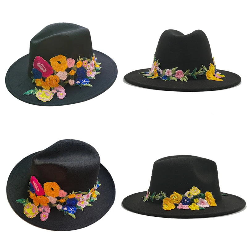 

Plum Blossom Black Fedora Hat for Women Elegant Decal Felt Hat Ladies Jazz Cap Autumn Winter panama Church Hat chapeau femme