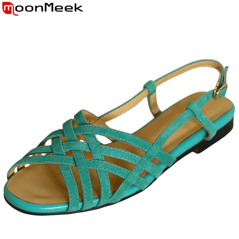 

MoonMeek 2023 New Size 33-42 Top Sale Sheepskin Sandals Back Strap Ladies Slingbacks Sandals Buckle Square Low Heels Shoes