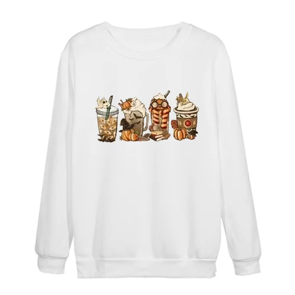 Women's Round Neck Fleece Sweatshirt With Christmas Pattern Coffee Print Sweater Crew Neck Pullover