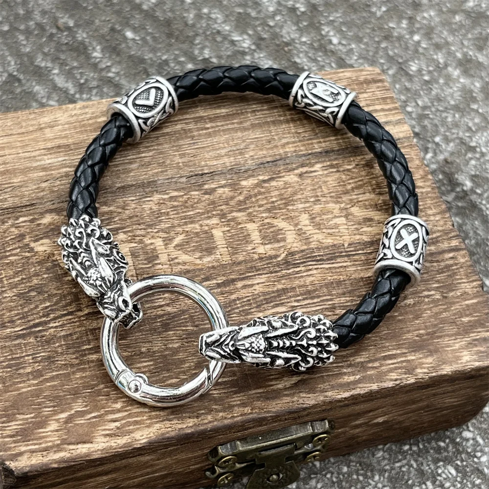 Viking Dragon Heads Nordic Runes Beads Diy Mens Womens Leather Bracelet Mythology Scandinavian Accessories Jewelry 3