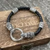 Viking Dragon Heads Nordic Runes Beads Diy Mens Womens Leather Bracelet Mythology Scandinavian Accessories Jewelry 3