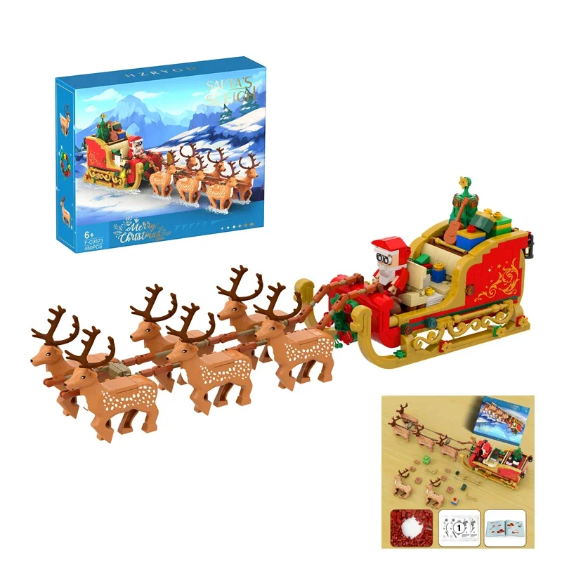 

Christmas Sleigh Santa Claus Elk Model with Light Kit for Christmas Decorations 442 Pcs Building Blocks Toys with Paper Manual