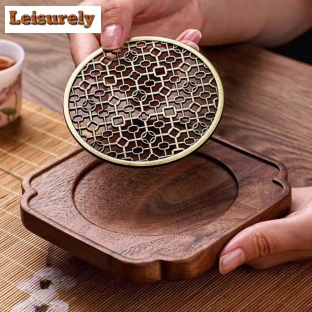 Retro Square Walnut Tea Tray Teapot Solid Wood Pot Bearing Holder Office Coffee Teapot Holder Cups Base Tea Ceremony Accessories
