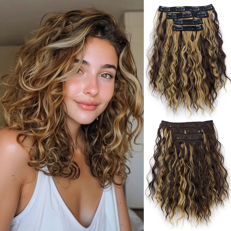 Hair Extensions 12Inch Synthetic 4pcs/set Short Curly Wavy Hair Extension Mid-Brown Hair Style Fluffy Hairpiece for Women